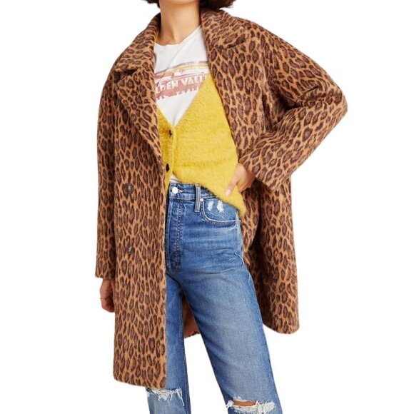 New Anthropologie See U Soon Henrietta Leopard Faux Fur Double Breasted Coat S - Picture 1 of 16